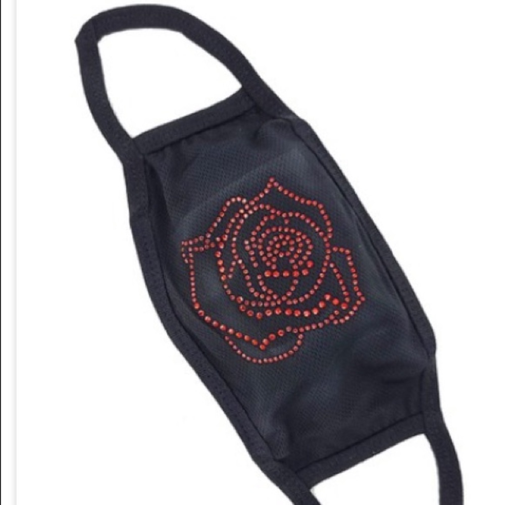 Red Rose Black Rhinestone Face Mask